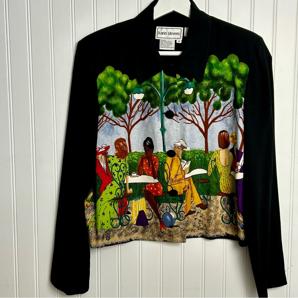 Karin Stevens Black Cropped Jacket W/ Printed Colorful Parisian Cafe Scene Sz 8